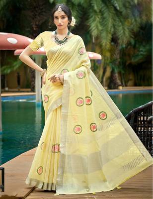 yellow linen woven work traditional saree 1
