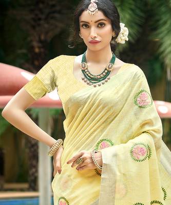 yellow linen woven work traditional saree 2