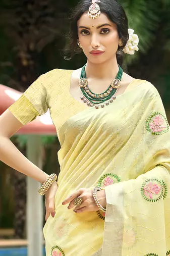 yellow linen woven work traditional saree