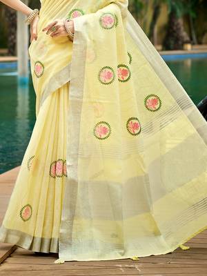 yellow linen woven work traditional saree 3