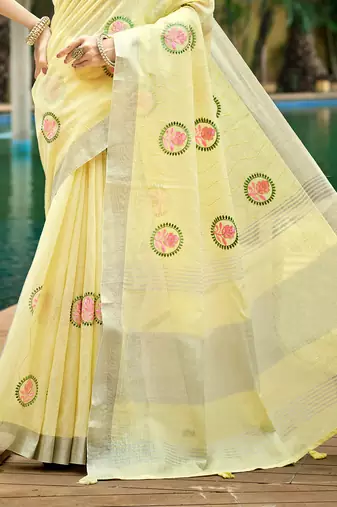 yellow linen woven work traditional saree