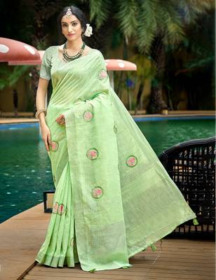 green linen woven work traditional saree 1