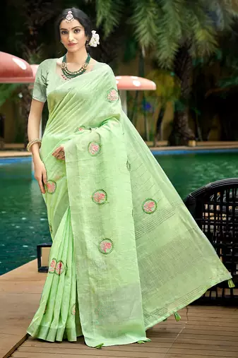 green linen woven work traditional saree