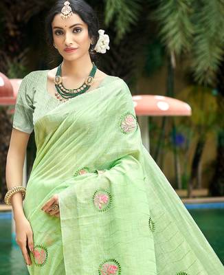 green linen woven work traditional saree 2
