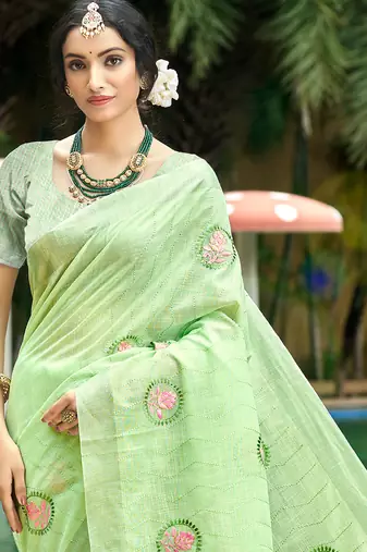 green linen woven work traditional saree