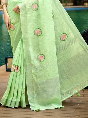 green linen woven work traditional saree 3