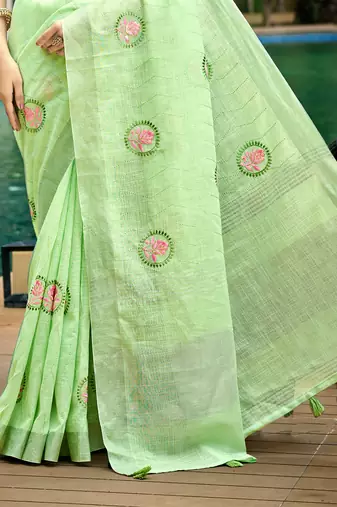 green linen woven work traditional saree