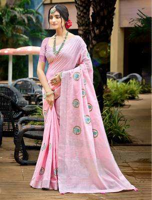 baby pink linen woven work traditional saree 1