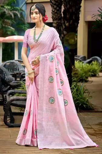 baby pink linen woven work traditional saree