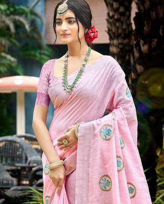 baby pink linen woven work traditional saree 2