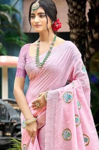 baby pink linen woven work traditional saree