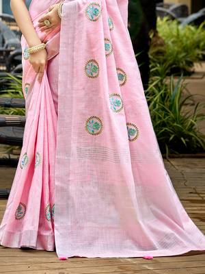 baby pink linen woven work traditional saree 3