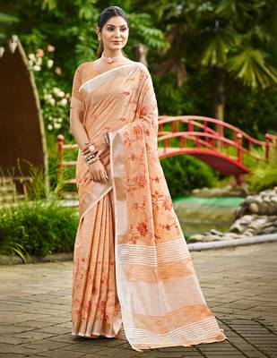 peach linen woven work traditional saree 1
