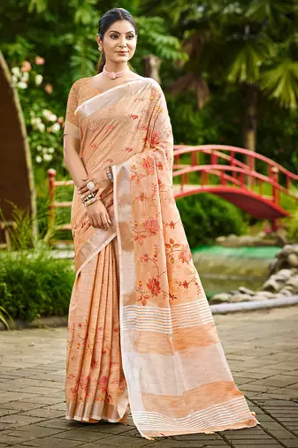 peach linen woven work traditional saree
