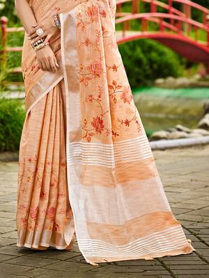 peach linen woven work traditional saree 3