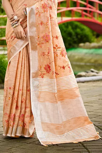 peach linen woven work traditional saree