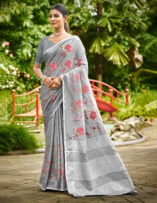 grey linen woven work traditional saree 1