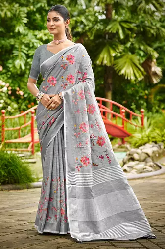 grey linen woven work traditional saree