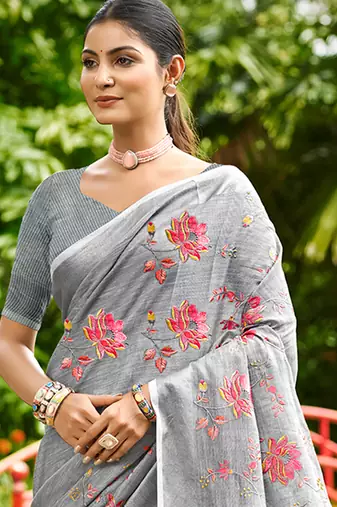 grey linen woven work traditional saree
