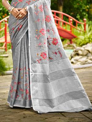 grey linen woven work traditional saree 3