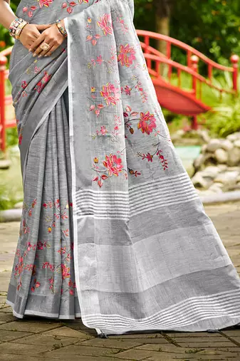 grey linen woven work traditional saree