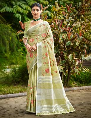lime green linen woven work traditional saree 1