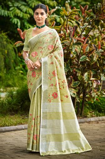 lime green linen woven work traditional saree