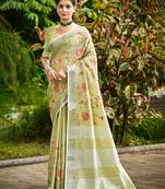 lime green linen woven work traditional saree