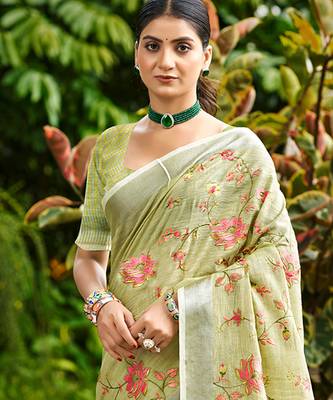 lime green linen woven work traditional saree 2