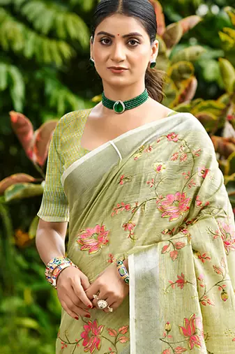 lime green linen woven work traditional saree