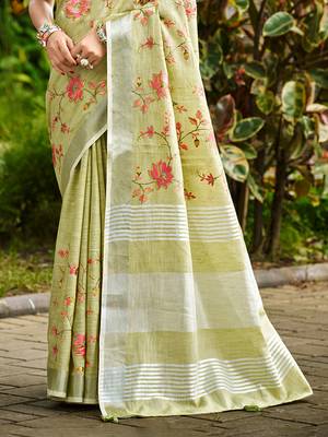 lime green linen woven work traditional saree 3