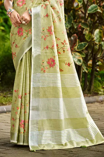 lime green linen woven work traditional saree