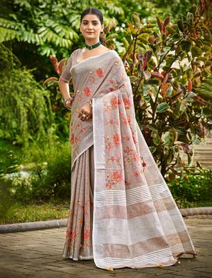 brown   linen woven work traditional saree 1