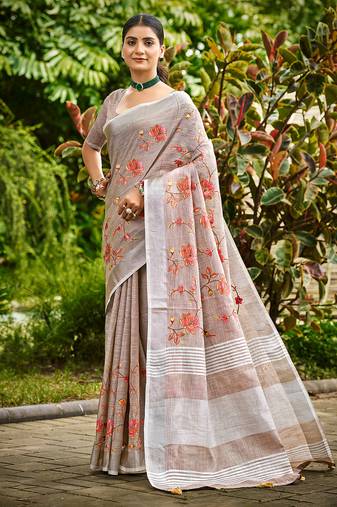 brown  linen woven work traditional saree