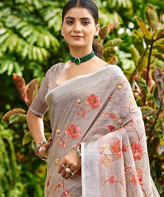 brown   linen woven work traditional saree 2