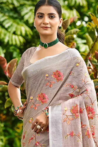 brown   linen woven work traditional saree