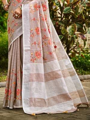 brown   linen woven work traditional saree 3