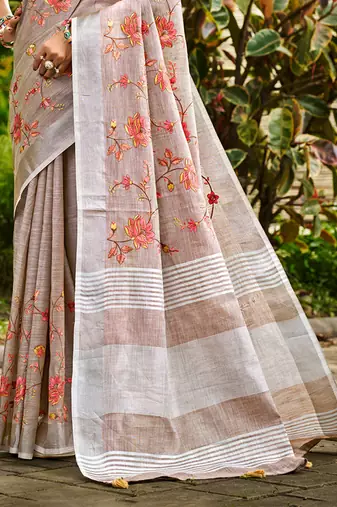 brown   linen woven work traditional saree