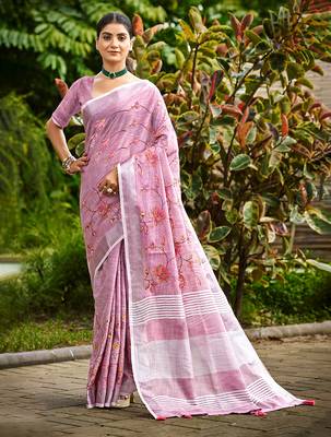 onion pink linen woven work traditional saree 1
