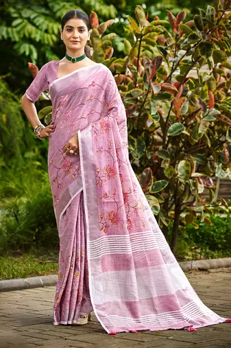 onion pink linen woven work traditional saree