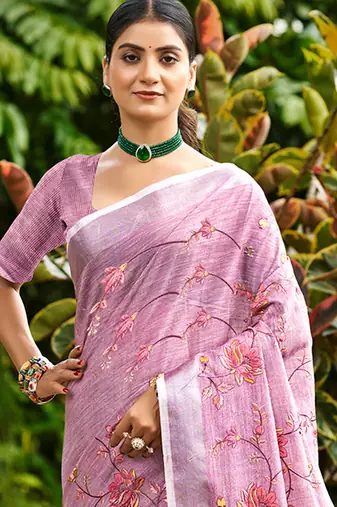 onion pink linen woven work traditional saree