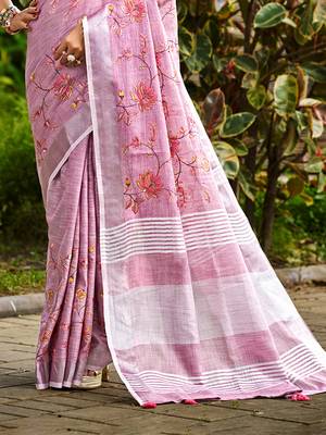onion pink linen woven work traditional saree 3