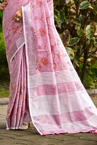onion pink linen woven work traditional saree