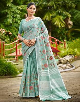 sky blue linen woven work traditional saree 1