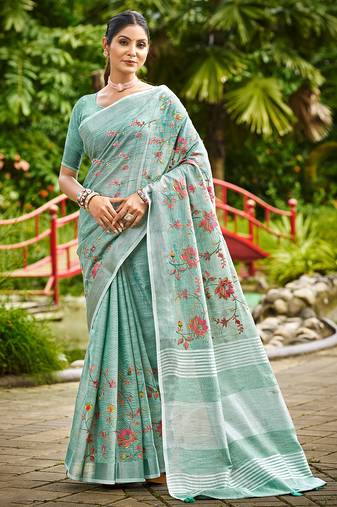 sky blue linen woven work traditional saree