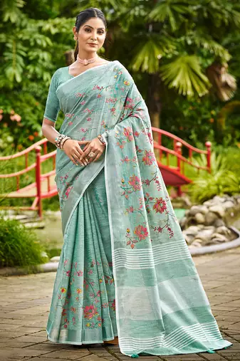 sky blue linen woven work traditional saree