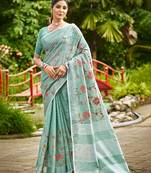 sky blue linen woven work traditional saree
