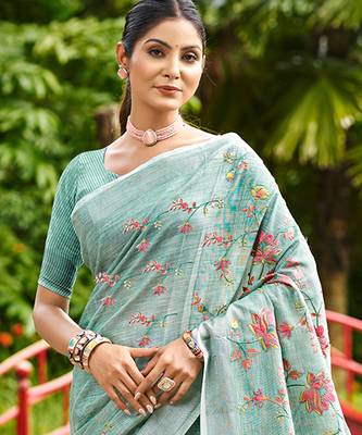 sky blue linen woven work traditional saree 2