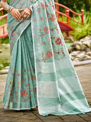 sky blue linen woven work traditional saree 3