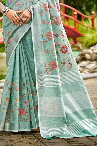 sky blue linen woven work traditional saree